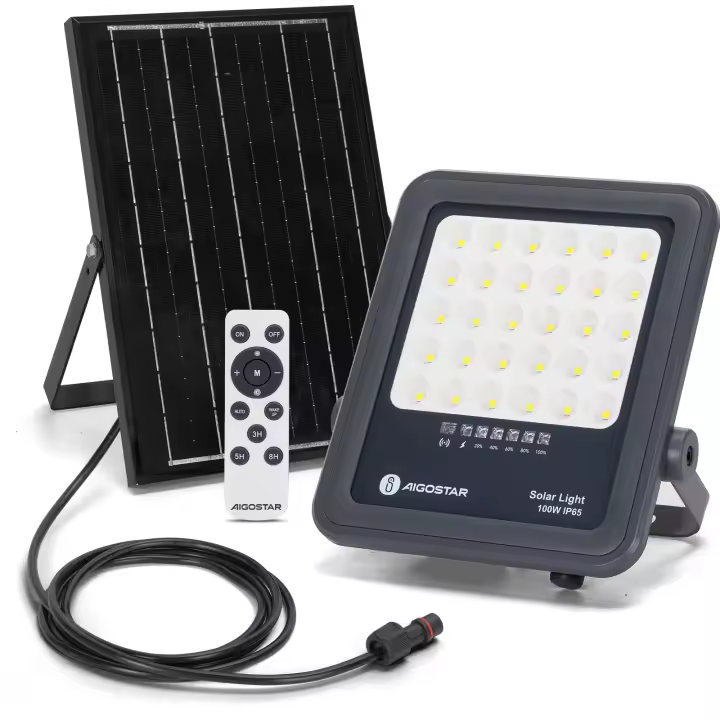 Foco Proyector LED Solar Aigostar con Control Remoto 50W 500LM Luz Blanca Fría 6500K - 1