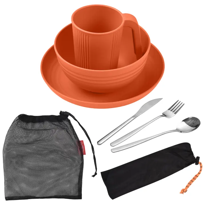 Juego De Utensilios Para Camping Portátil Con Tazón Plato Vaso Cuchara Tenedor Navaja De Acero Inoxidable Kit De Mesa Al Aire Libre Y Picnic - 1