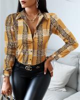 Blusa Elegante Para Mujer Primavera Otoño Con Cuello Bajado Estampado Slim Camisa De Manga Larga Moda Oficina Casual Polyester Cotton - details 12