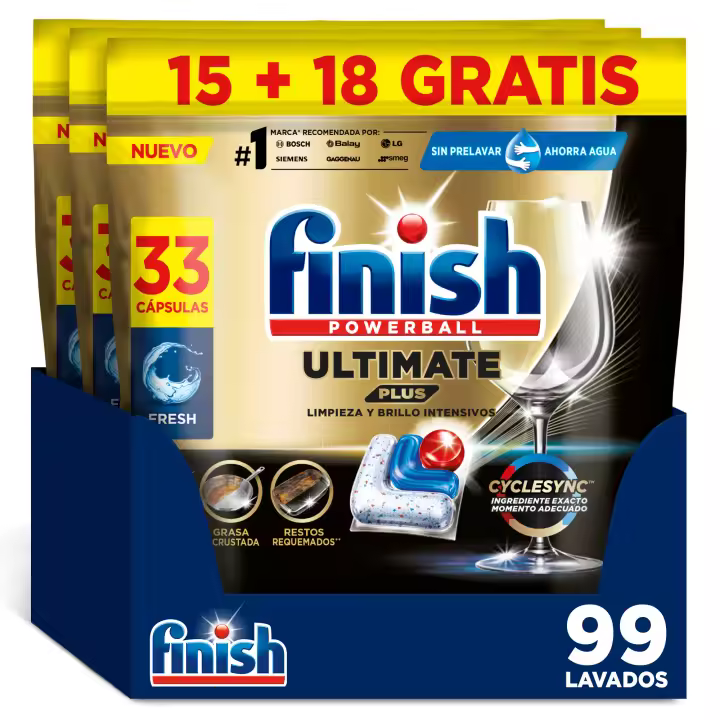 Finish Ultimate Plus Limpieza y Brillo Intensivos, Pastillas para el Lavavajillas, Limpieza intensiva, brillo diamante + protección vajilla, 99 lavados - 1
