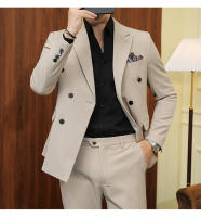 Traje De Negocios Slim Fit Doble Botón De Color Sólido Dos Piezas Coreano Elegante Para Hombres Con Pantalones Talla S-7XL - details 19