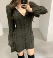 Vestido De Suéter Para Mujer Con Manga Larga Tejido En Cable Botón Abajo Mini Vestido A-Line Casual Para Otoño E Invierno Chic - details 3