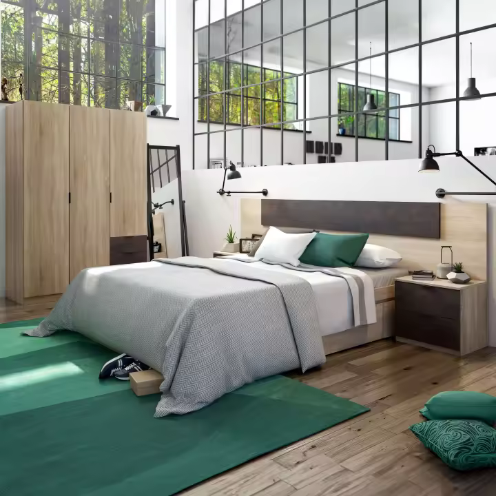Miroytengo Pack Muebles Dormitorio Andy Armario Cabezal 2 mesitas Cama 150x190 2 cajones Estilo Industrial habitación oxido - 1