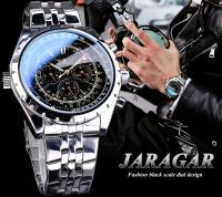 Reloj Mecánico Automático Jaragar Para Hombre Diseño De Vidrio Azul Luminoso Con Exhibición De Fecha Y Semana En Negro Y Plata Resistente Al Agua Con Correa De Acero Inoxidable - details 1