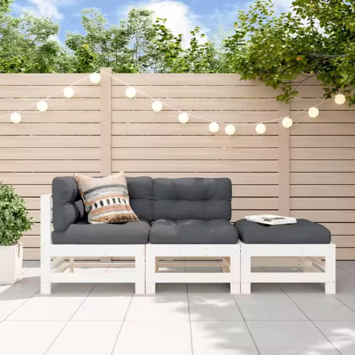 vidaXL Juego de sofás de jardín 3 pzas y cojines madera maciza blanco - 1