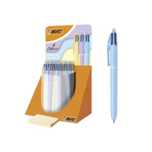 Bic 4 colours pastel expositor con 30 boligrafos de bola retractil - punta media de 1.0mm - tinta con base de aceite - cuerpo en colores pastel - 4 colores - 1