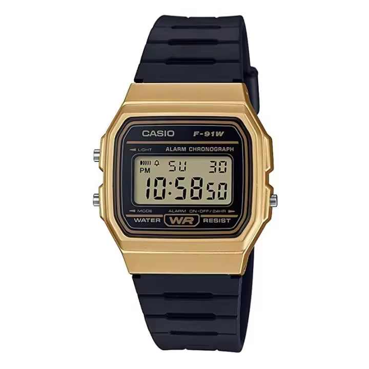 Reloj Casio F-91WM-9A caja dorada correa negra caucho digital F91WM9A - 1