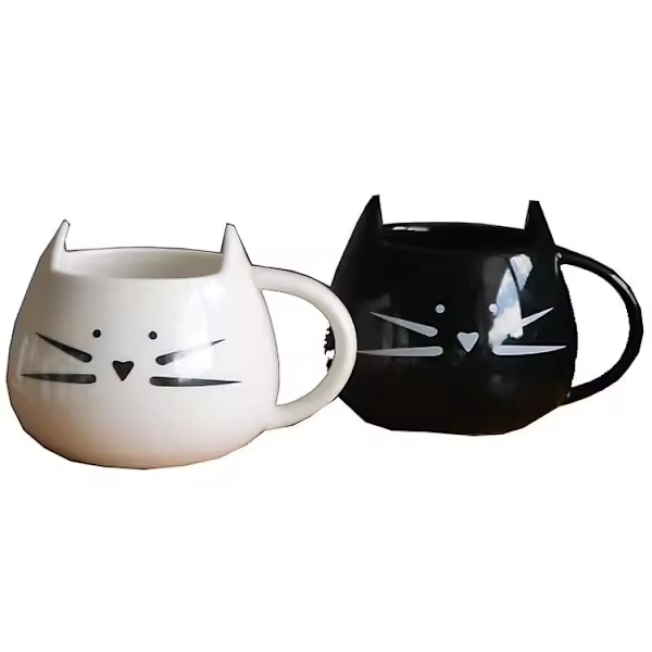 2-Pack lindo gato taza de café conjunto cerámica gatito té par tazas para amantes del gato 12 oz (blanco y negro) - 1