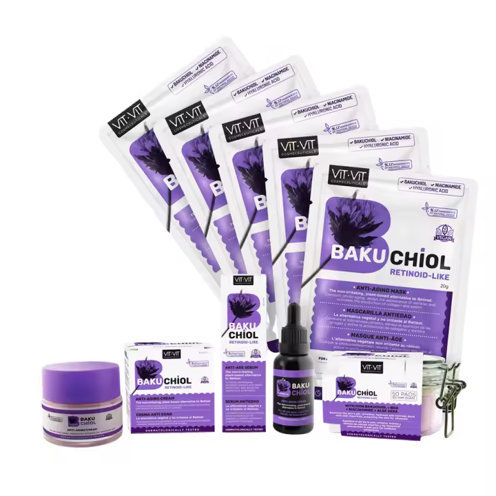 Diet Esthetic - Rutina Facial Antiarrugas con Bakuchiol Vegano: Serum 30 ml + Crema 50 ml + Discos Limpia Poros 50 uds + Mascarillas Tisú 5 uds para pieles sensibles y acnéicas, con ácido hialurónico y niacinamida - 1