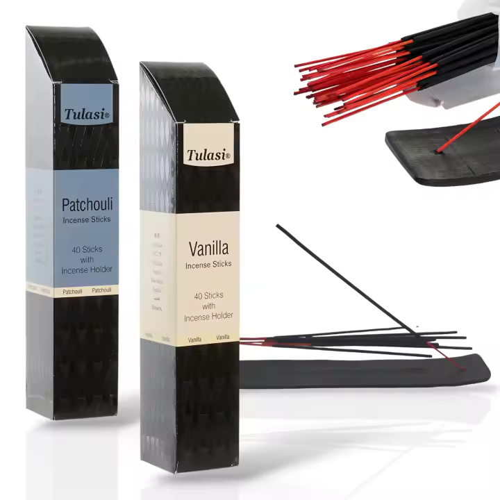 Incienso Natural TULASI Set 2 Aromas: Vainilla y Patchouli, 80 Sticks + 2 Quemadores de madera - 1