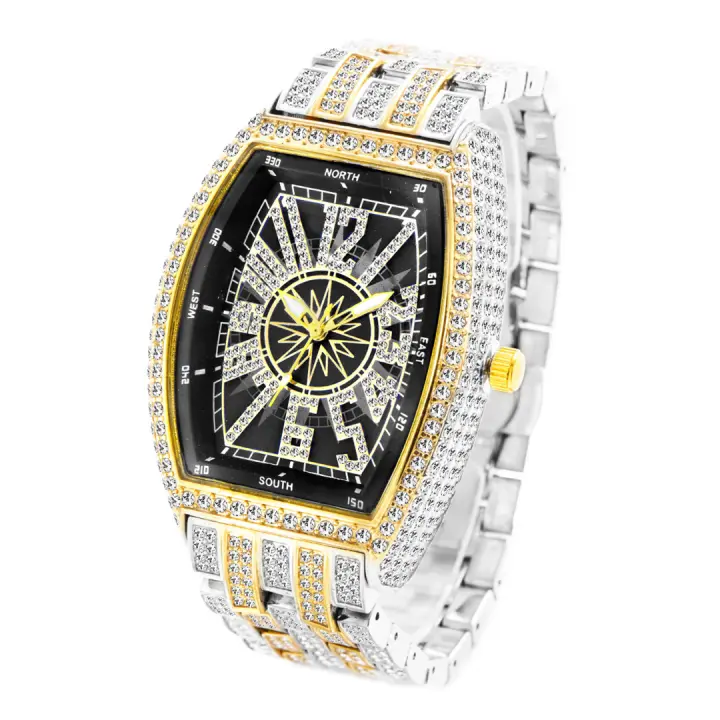 Reloj De Lujo Para Hombre Con Cristales Bling Iced-Out Tonneau Dorado Reloj De Cuarzo Moda Con Pulsera De Acero Inoxidable Y Manecillas Luminosas Resistente Al Agua Y Al Choque - 1