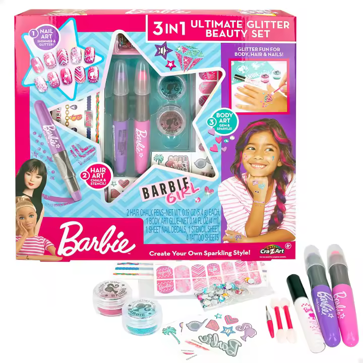 Barbie - Set belleza glitter 3 en 1: mechas, manicura y tatuajes para niñas - 1