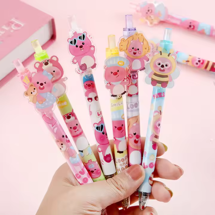 6pcs Bolígrafos De Gel Kawaii Con Animal De Peluche Rosa 0.5mm Tinta Negra Regalo Promocional Para Escuela Y Oficina - 1