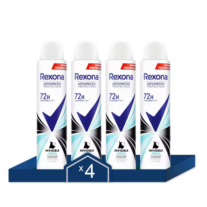 Rexona Desodorante Invisible Aqua Antitranspirante Protección Avanzada 72h 200ml - Pack de 4 - 1