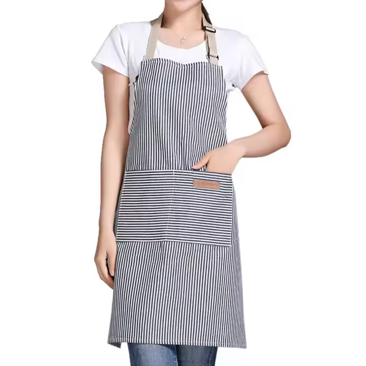 Delantal ajustable con 2 bolsillos para cocina, delantal de algodón para mujeres, hombres, chef, restaurante, barbacoa, pintura, rayas caqui - 1