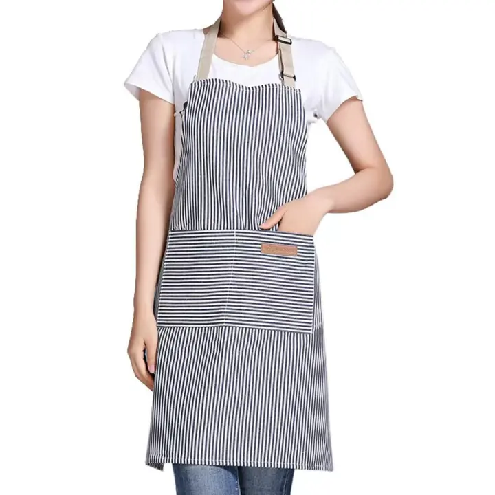 Delantal ajustable con 2 bolsillos para cocina, delantal de algodón para mujeres, hombres, chef, restaurante, barbacoa, pintura, rayas caqui - 1