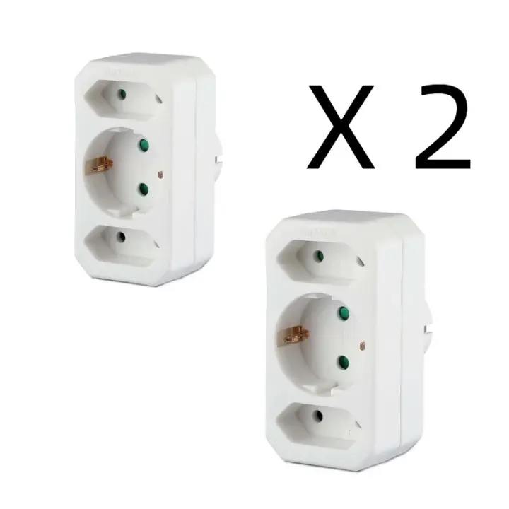 2*Adaptador 3 tomas (2 de Schuko y 1 de europlug), adaptador 3 enchufes, enchufe multiple con 3 tomas, ladron de enchufes 1 x 16A y 2 x 10A, con proteccion para niños, max 3680W, color blanco, Don Feliz - 1