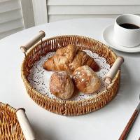 Bandeja De Alimentos De Plástico Tejida a Mano En Rattan Para Frutas Verduras Pasteles Forma Redonda Cesta De Almacenamiento Con Mango - details 22