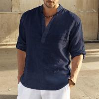 Camisa Casual Para Hombre Algodón Lino Manga Larga Cuello En Pie Moda Ajustada Top Hermoso Para El Hogar Y Compras - details 0