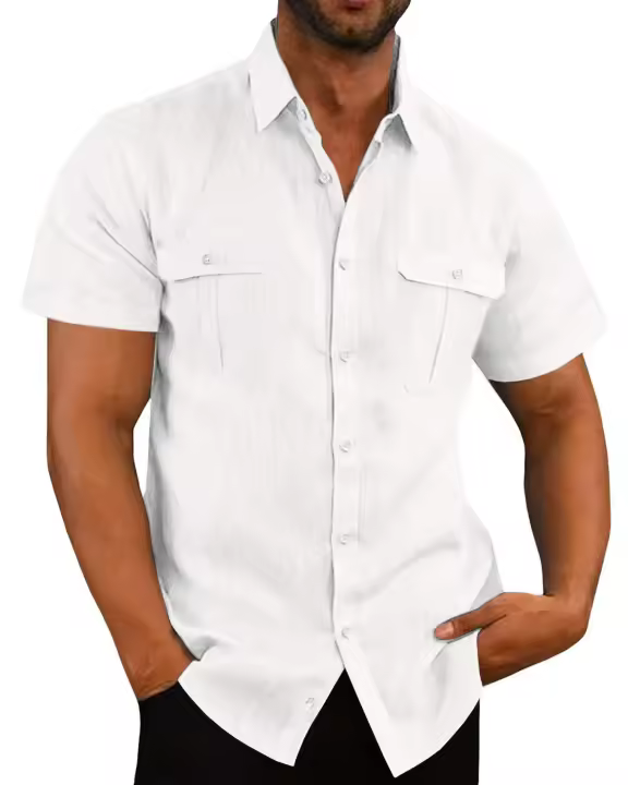 Camisa De Algodón Y Lino Para Hombre Estilo Casual Playa Sin Capucha Cuello En V Manga Corta Talla Grande M-5XL Colores Sólidos - 1