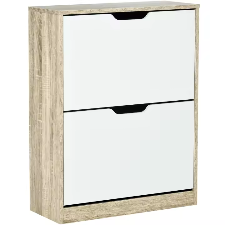 HOMCOM Armario de Zapatos Zapatero de Madera con 2 Puertas Abatibles 4 Estantes de Almacenaje Capacidad de 8 Pares para Entrada Pasillo Dormitorio 62,5x26x81 cm Blanco y Natural - 1