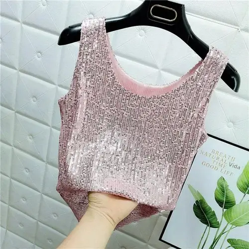 Chaleco De Noche Con Lentejuelas Para Mujer Estilo De Calle Blanca Brillante Poliéster Talla Regular Top De Verano 2022 - 1