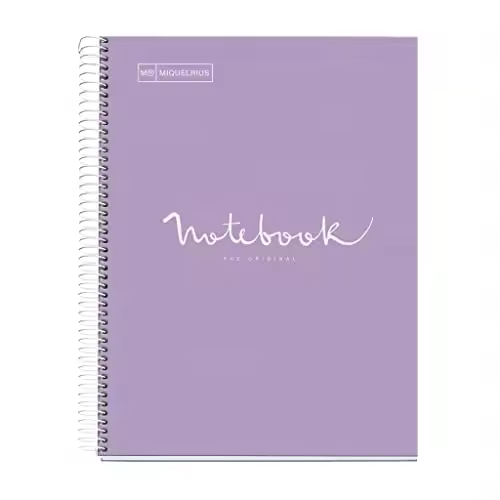 Apli Miquelrius - Cuaderno A4 Notebook Emotions, 120 Hojas de 90 g/m², Cuadricula 5 mm, 5 Franjas de Colores, Espiral Microperforado, Cuaderno Cuadriculado, Tapa ExtraRigida, 4 Taladros, Lavanda - 1