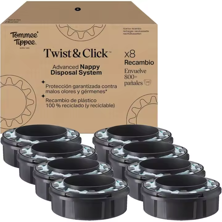 Tommee Tippee Recambio original para contenedor avanzado de pañales Twist and Click, paquete exclusivo de 8, fácil de cambiar y muy económico - 1