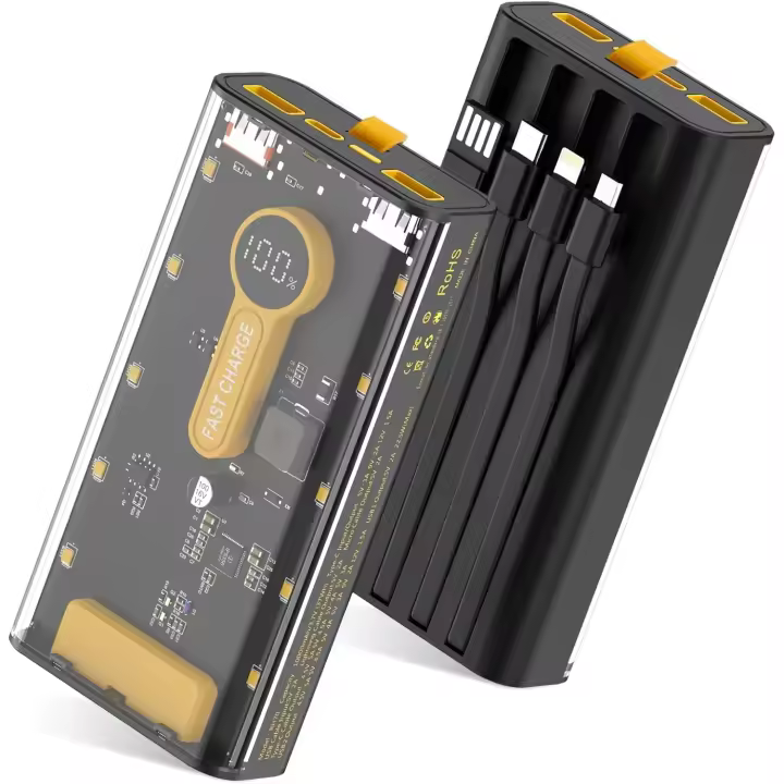 Cargador portátil de 10000 mAh, 22,5 W, batería externa de carga rápida con cable incorporado, paquete de batería externa transparente con linterna, entrada y salida USB C, cargador portátil para teléfonos móviles iPhone, Samsung y Android - 1