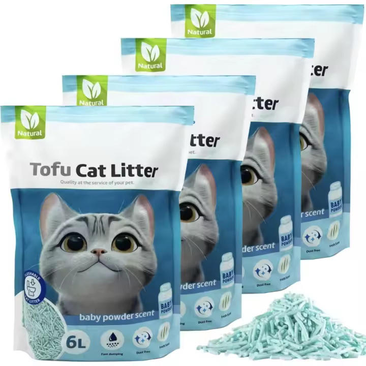 PACK DE CUATRO ARENA TOFU TALCO BEBÉ  PARA GATO PACK AHORRO ARENA AGLOMERANTE PARA GATO SIN POLVO FACIL DE AGLOMERAR SE DISUELVE EN INDORO - 1