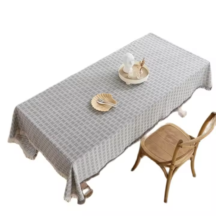 Mantel De Algodón Lino De Otoño En Gris Con Borlas Para Comedor Cocina Picnic Boda Estilo Rústico Farmhouse Cubierta De Malla - 1