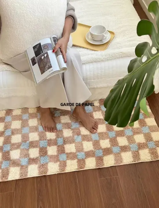 Carpetas De Piso Antideslizantes Absorbentes De Agua Estilo Coreano Cuadriculadas Para Baño Y Dormitorio Alfombra Fresca Para Niñas - 1