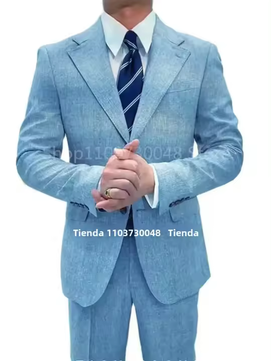 Traje De Boda Para Hombre Azul De Lino 2 Piezas Corte Slim Con Chaqueta De Dos Botones Y Pantalones Conjunto De Novio Casual - 1