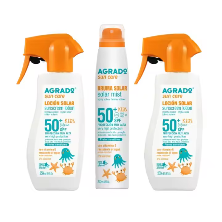 AGRADO - Pack Kids Solar SPF50+, Set con Loción Solar Kids Pistola SPF50+ 2 x 250 ml, Bruma Solar Kids Aerosol SPF50+ 200 ml, Protección Muy Alta para el Sol, Contiene Vitamina E, Fácil Aplicación y Rápida Absorción, Fórmula Vegana - 1