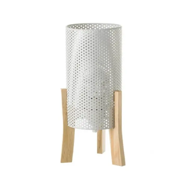 Dcasa Lámpara de mesita de noche cilíndrica nórdica de metal y madera blanca de 30 cm - 1