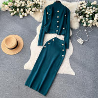 Conjunto De Ropa De Mujer REALEFT Otoño Invierno 3 Piezas Traje De Tejido Knitted Cardigan De Botón Sencillo Y Tops Falda Elegante Para Oficina - details 27