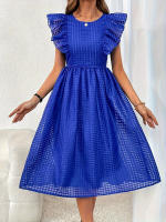 Vestido Midi Elegante Vintage De Verano Para Mujer En Tela Jacquard Con Volante Y Manga Butterfy Azul Para Fiesta Y Oficina - details 2
