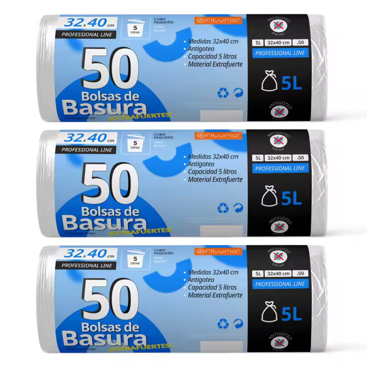 Bolsas de Basura, Bolsa Basura Resistente para Cubos Basura 5L, Antigoteo, Bolsas Ideales para Papelera de Baño, Oficina o Cocina, Apta Todo Tipo de Desechos, 32x40 cm - Ofituria (150 bolsas, 5L) - 1