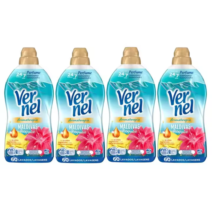 Vernel Suavizante Concentrado para la Ropa Aromaterapia Maldivas Relajantes 60 Lavados, Pack 4x60 = 240 Dosis, Suavizante Líquido Para Lavadora, Fórmula Duo-Caps, Perfume Duradero hasta 200 días, Ropa Suave, Protege las fibras y Facilita el Planchado - 1