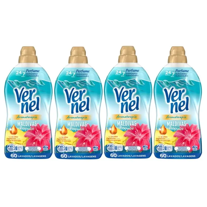 Vernel Suavizante Concentrado para la Ropa Aromaterapia Maldivas Relajantes 60 Lavados, Pack 4x60 = 240 Dosis, Suavizante Líquido Para Lavadora, Fórmula Duo-Caps, Perfume Duradero hasta 200 días, Ropa Suave, Protege las fibras y Facilita el Planchado - 1