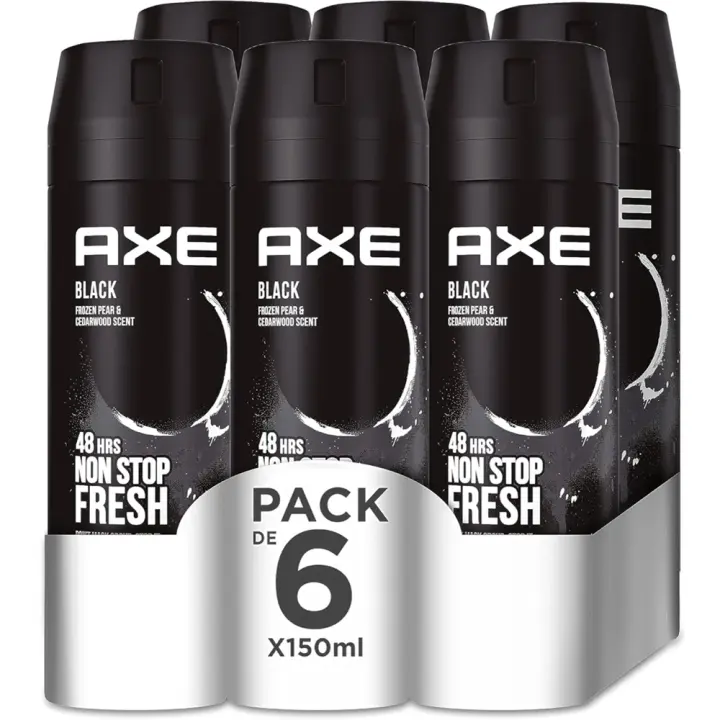 Axe Desodorante para Hombre Bodyspray Black 150ml (Pack de 6) - Tecnología Dual Action, Fórmula sin aluminio, Componente antiolor Zinc Complex 6, Huele irresistible a pera y madera de cedro durante 48 horas - 1