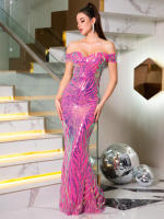 Vestido De Noche Para Mujer Con Sequinias Y Cuello Abierto De Espalda Desnuda Vestido De Fiesta De Encaje Bodycon Padded Longitud Del Piso Con Cierre De Cremallera - details 3
