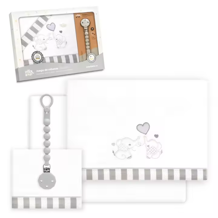 Interbaby Juego De Sábanas para Cuna 60 X 120 Cm 100% Algodón - Mibebestore (bajera+encimera+funda Almohada+Broche Chupetero) - Parejita Blanco/Gris - 1