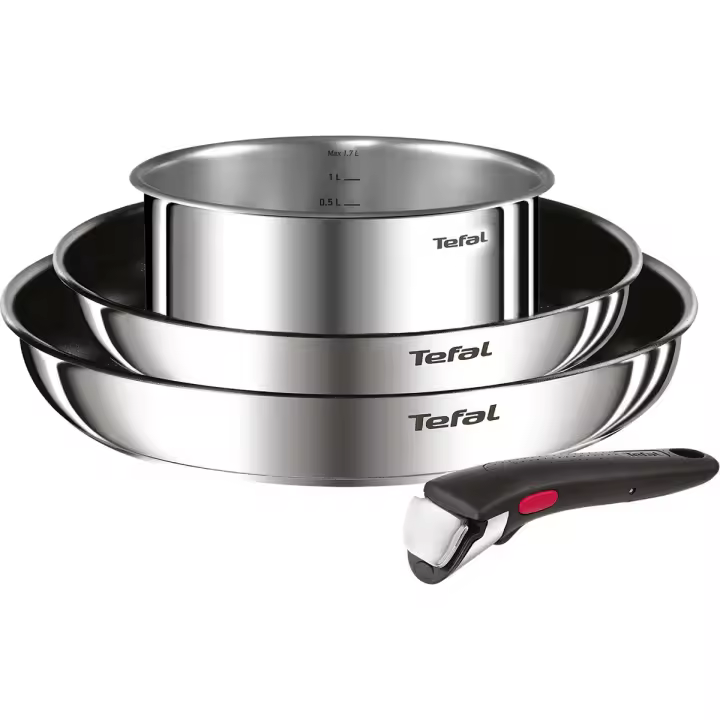 Juego de 2 Sartenes y Cazo Tefal Ingenio Emotion, Sartén 22 y 26 cm, Cazo 16 cm, Mango intercambiable, Antiadherente, Revestimiento Titanio, Thermo-signal, Ahorra espacio - 1