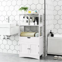 Mueble de baño con cajón y estantería alta, mueble auxiliar versátil con 2 estantes abiertos y armario de doble puerta en color blanco para entrada, cocina y sala de estar - details 4