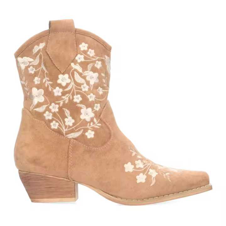 PuntoSalao Botines tacón bajo cómodo bordado flores mujer camel A-3007 - 1