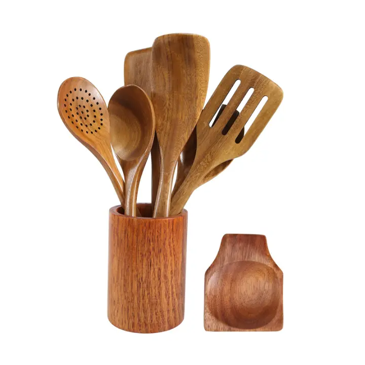 Juego de utensilios de madera de teca para cocina, cucharas de 9 piezas para cocinar con soporte - 1