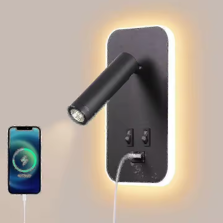 Lámpara de pared LED con puerto de carga USB, iluminación ambiental ajustable para dormitorio (3 W 3000 K + 9 W 6000 K), color negro - 1