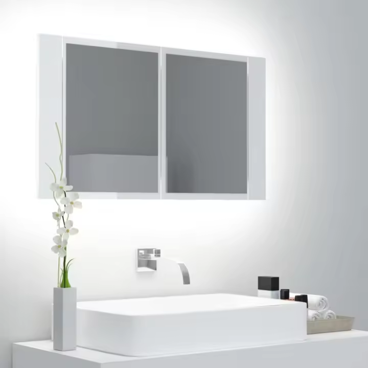 vidaXL Armario espejo de baño LED acrílico brillo 80x12x45 cm en color Blanco brillante/Negro/Roble Sonoma y más | almacenamiento funcional diseño moderno para baño dormitorio sala - 1