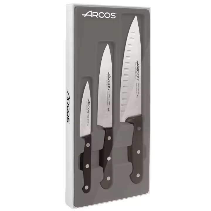 ARCOS Estuche de 3 Cuchillos Básicos de Cocina. Pack de Cuchillos con Hoja de Acero Inoxidable y Mango de Polieximetileno Aptos para Lavavajillas. Serie Universal. Color Negro - 1